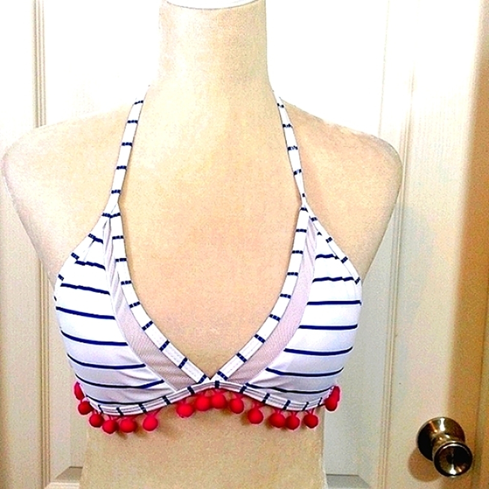 Womens White Blue Stripe Bikini Top Pink Tassel Size Med Swimsuit